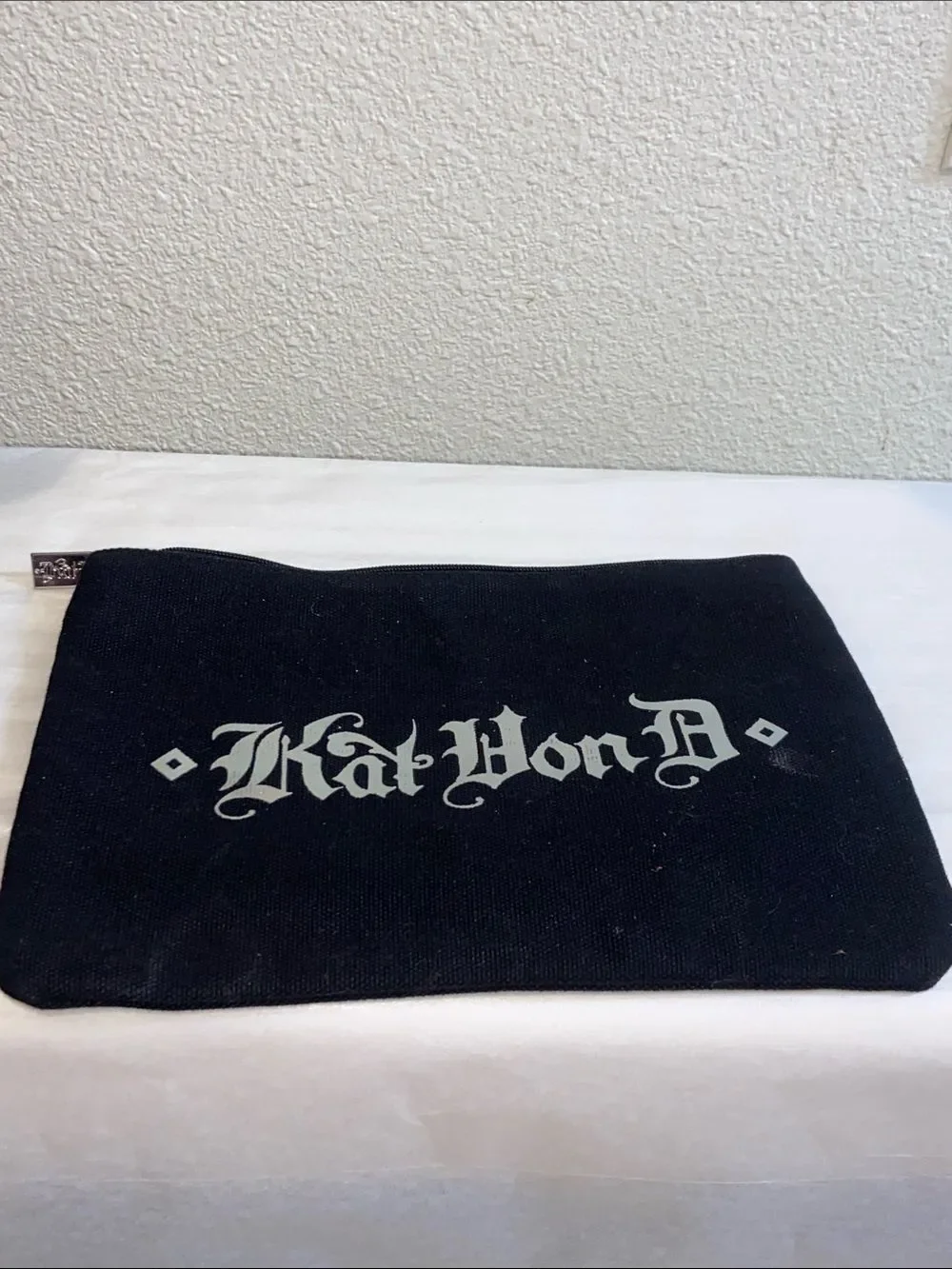 Kat Von D Black Canvas Logo Zip Pouch with Silver Hardware Sz 9.5”X6.5”